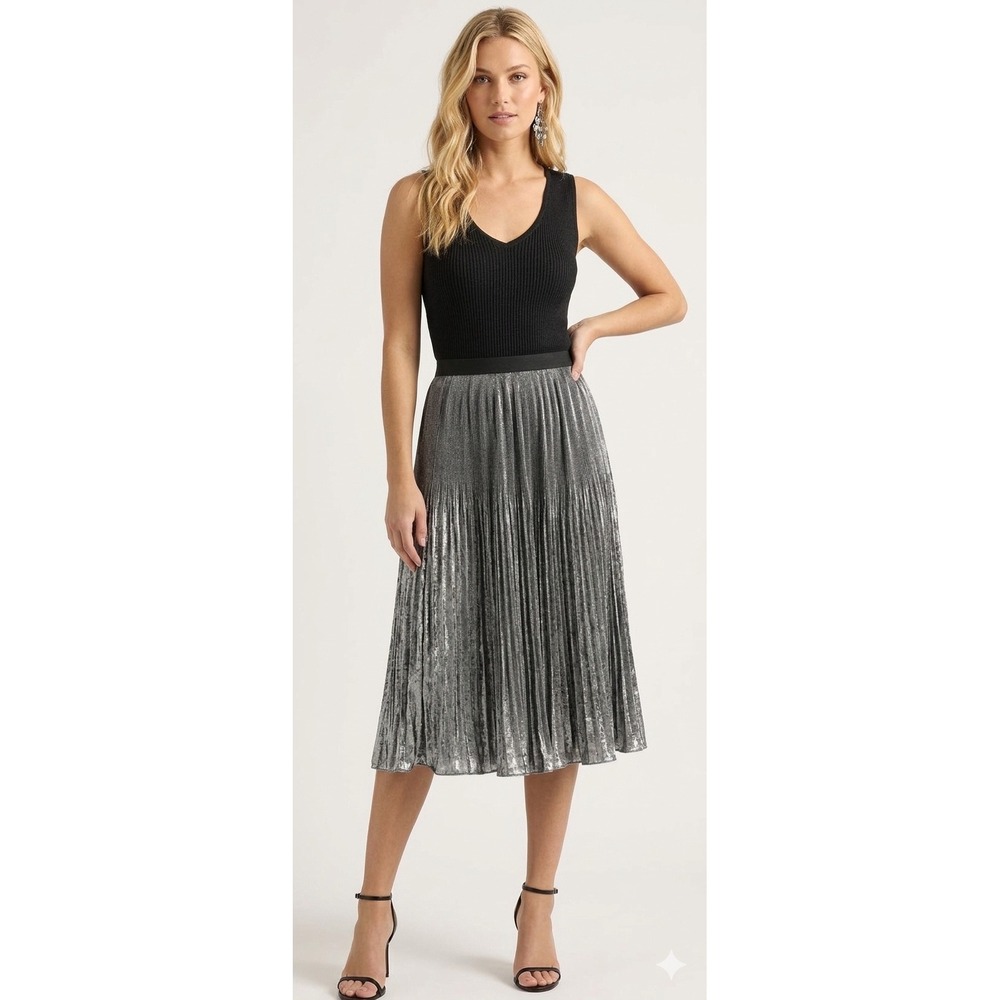 WD-NY Silver Metallic Pleated Midi Skirt Ombre Elastic Waist Size Large NEW